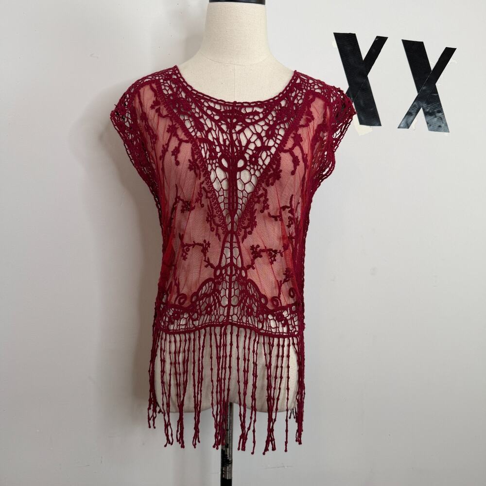 Y2K Burgundy Crochet Lace Fringe Festival Top Sheer Mesh Tunic S